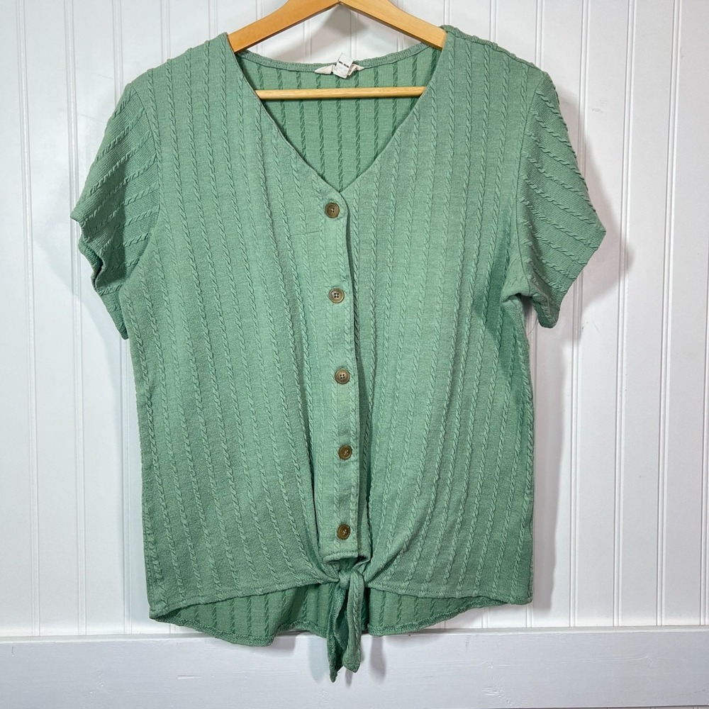 Weatherproof Vintage Shirt Coastal Soft Textured Knit Green V-Neck Short Sleeve